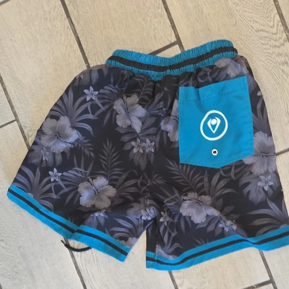 Impact Palm Mens Hibiscus Floral Swim Trunks Teal Black Small Board‎ Shorts